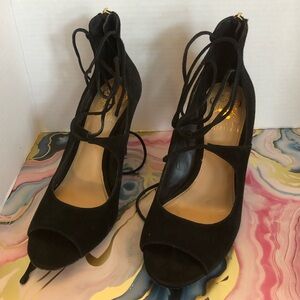Vince Camuto Sandria black suede lace-up peep-toe pump heels